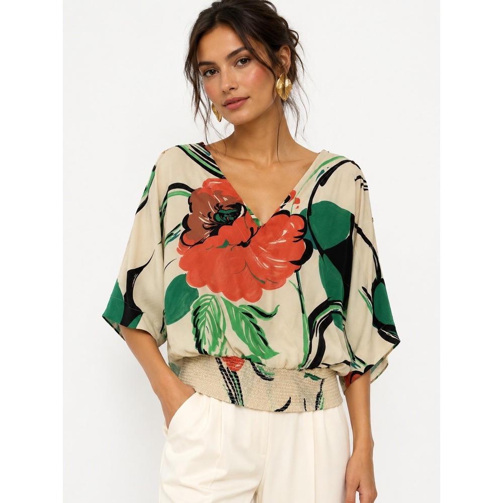 Leifsdottir Silk Floral Cold Shoulder Smocked Blouse Cream Red Green Size 0